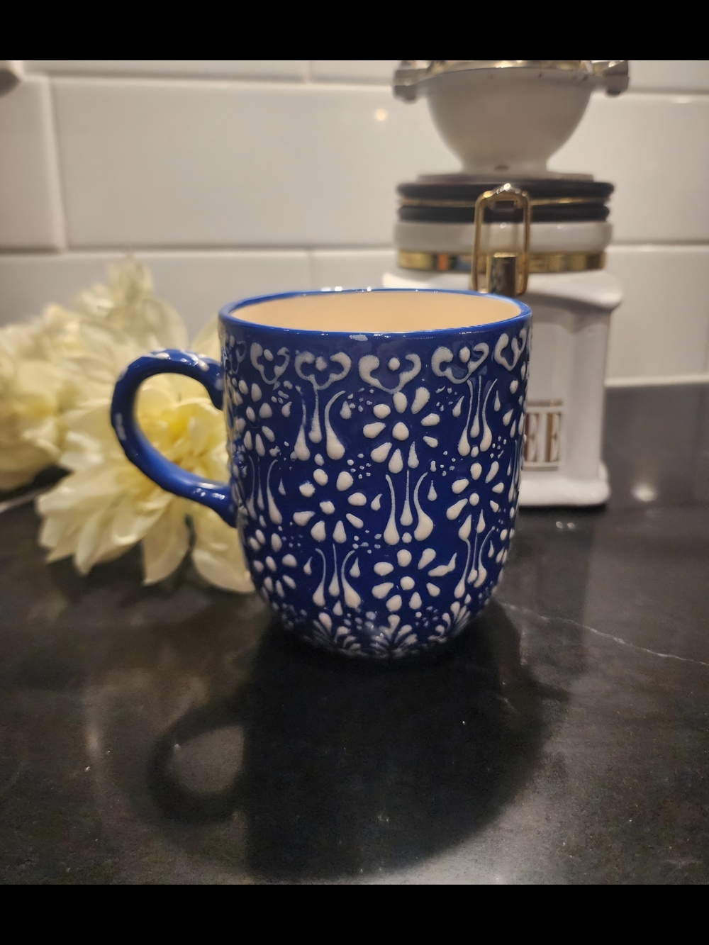 Hand-Painted Blue Floral Ceramic Mug with Cream Interior